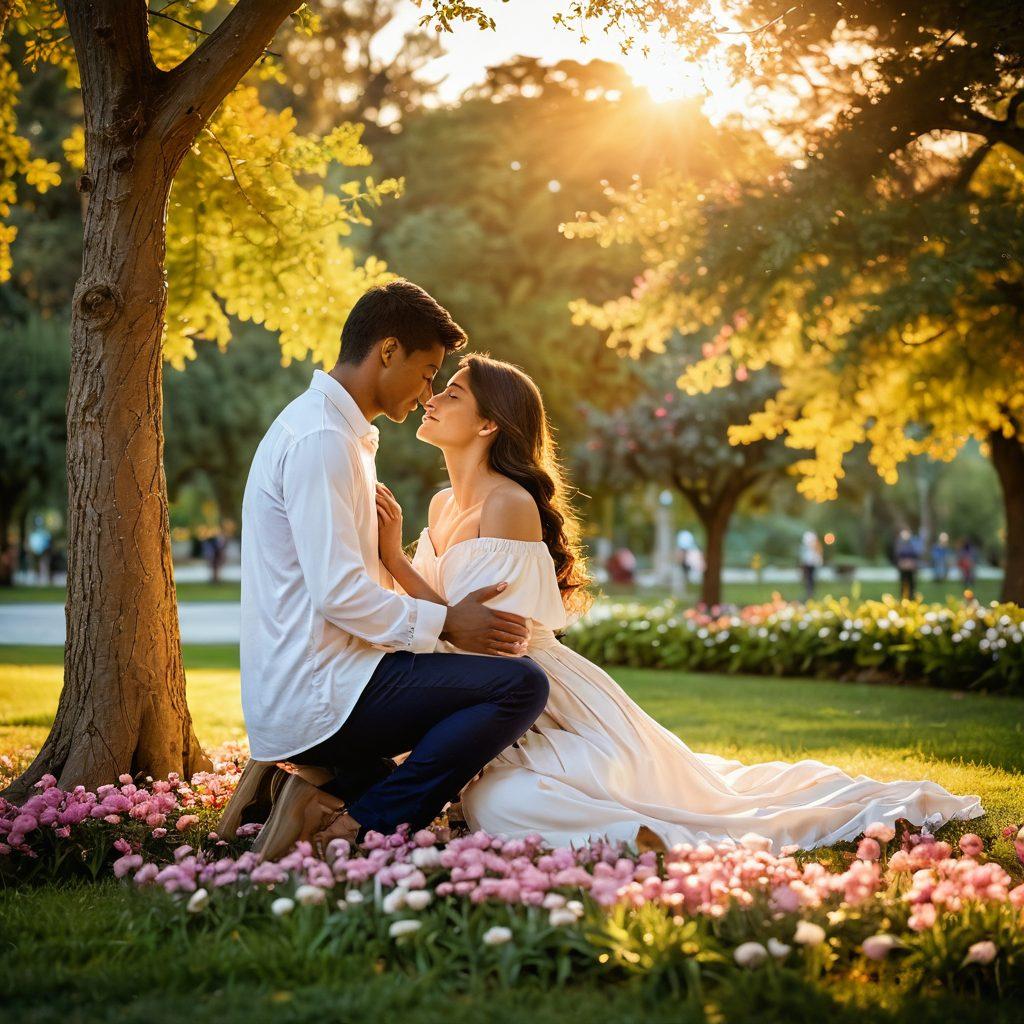 A tender moment between a couple in a serene park setting, showcasing their emotional connection through soft glances and gentle touches. Include a warm sunset casting a golden glow, surrounded by blooming flowers that symbolize love and devotion. Capture warmth and intimacy in their expressions, emphasizing the journey from attraction to deep emotional bond. super-realistic. vibrant colors. natural background.