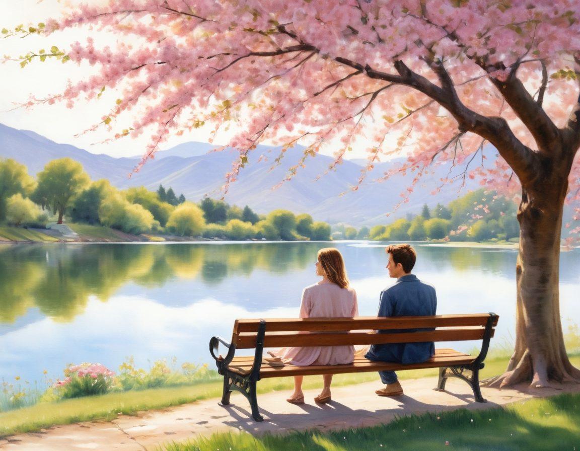 A warm and inviting scene of a couple sitting close together on a park bench under a blooming cherry blossom tree, sharing a heartfelt conversation. Soft sunlight filters through the branches, creating a golden glow around them, symbolizing intimacy and connection. Subtle heart shapes made from petals drift in the air. The background features gentle hills and a serene lake in soft focus. watercolor painting. pastel colors.