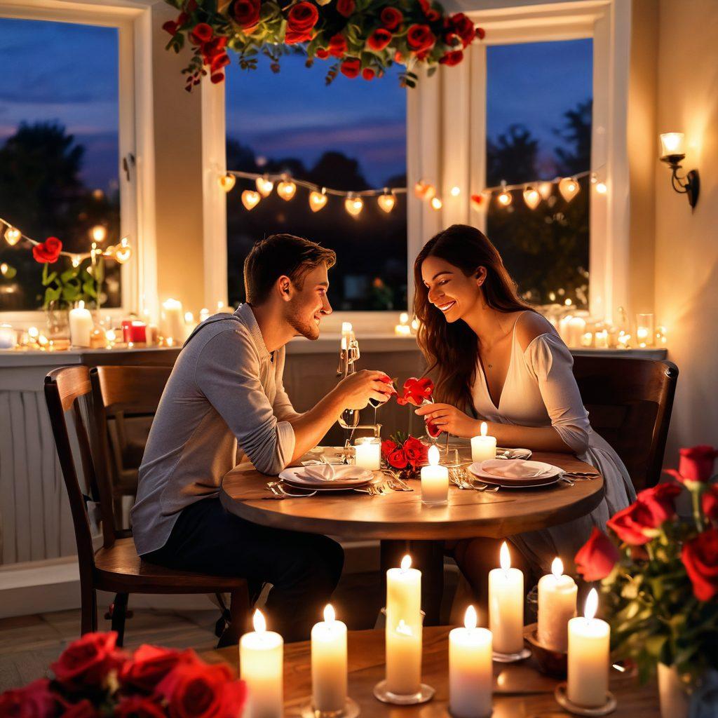 A warm and inviting scene depicting a couple connecting over a candlelit dinner, surrounded by symbols of love such as intertwined hearts, soft red roses, and glowing fairy lights. In the background, a gentle sunset creates a romantic atmosphere, highlighting their expressions of passion and unity. Emphasize intimacy through subtle body language and genuine smiles. painting. warm colors. soft focus.